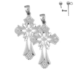 Pendientes de cruz floral de plata de ley de 37 mm (chapados en oro blanco o amarillo)