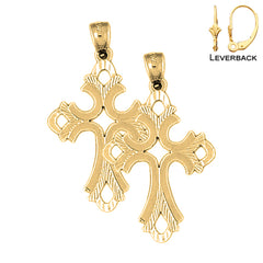 Sterling Silver 36mm Budded Cross Earrings (White or Yellow Gold Plated)