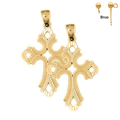 Sterling Silver 36mm Budded Cross Earrings (White or Yellow Gold Plated)