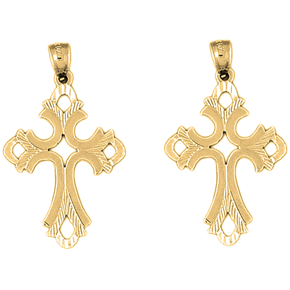 Yellow Gold-plated Silver 36mm Budded Cross Earrings