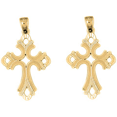 Yellow Gold-plated Silver 36mm Budded Cross Earrings