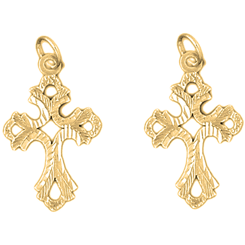 Yellow Gold-plated Silver 27mm Budded Cross Earrings