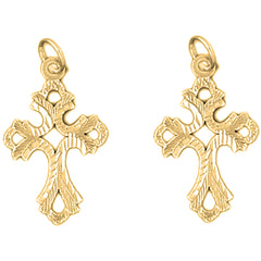 Yellow Gold-plated Silver 27mm Budded Cross Earrings