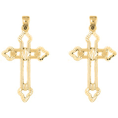 Yellow Gold-plated Silver 42mm Budded Cross Earrings