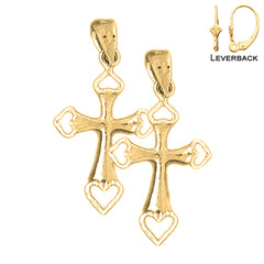 Sterling Silver 31mm Heart Cross Earrings (White or Yellow Gold Plated)