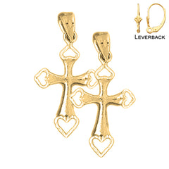 Pendientes de plata de ley con cruz de corazón de 31 mm (chapados en oro blanco o amarillo)