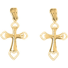 Yellow Gold-plated Silver 31mm Heart Cross Earrings