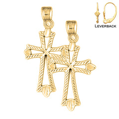 Sterling Silver 31mm Budded Cross Earrings (White or Yellow Gold Plated)