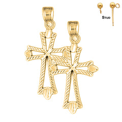 Sterling Silver 31mm Budded Cross Earrings (White or Yellow Gold Plated)