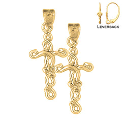 Sterling Silver 31mm Vine Cross Earrings (White or Yellow Gold Plated)