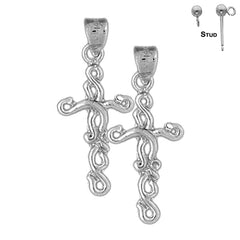 Sterling Silver 31mm Vine Cross Earrings (White or Yellow Gold Plated)