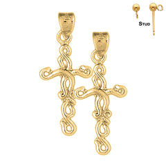 Sterling Silver 31mm Vine Cross Earrings (White or Yellow Gold Plated)