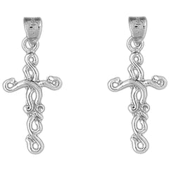 Sterling Silver 31mm Vine Cross Earrings