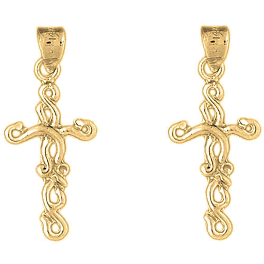 Yellow Gold-plated Silver 31mm Vine Cross Earrings