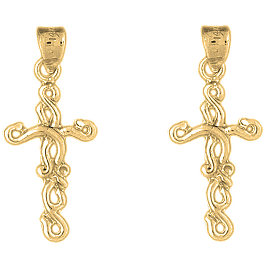 Yellow Gold-plated Silver 31mm Vine Cross Earrings