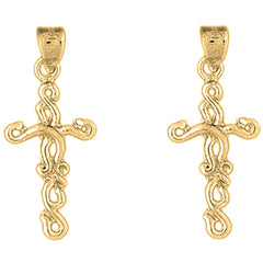 Yellow Gold-plated Silver 31mm Vine Cross Earrings