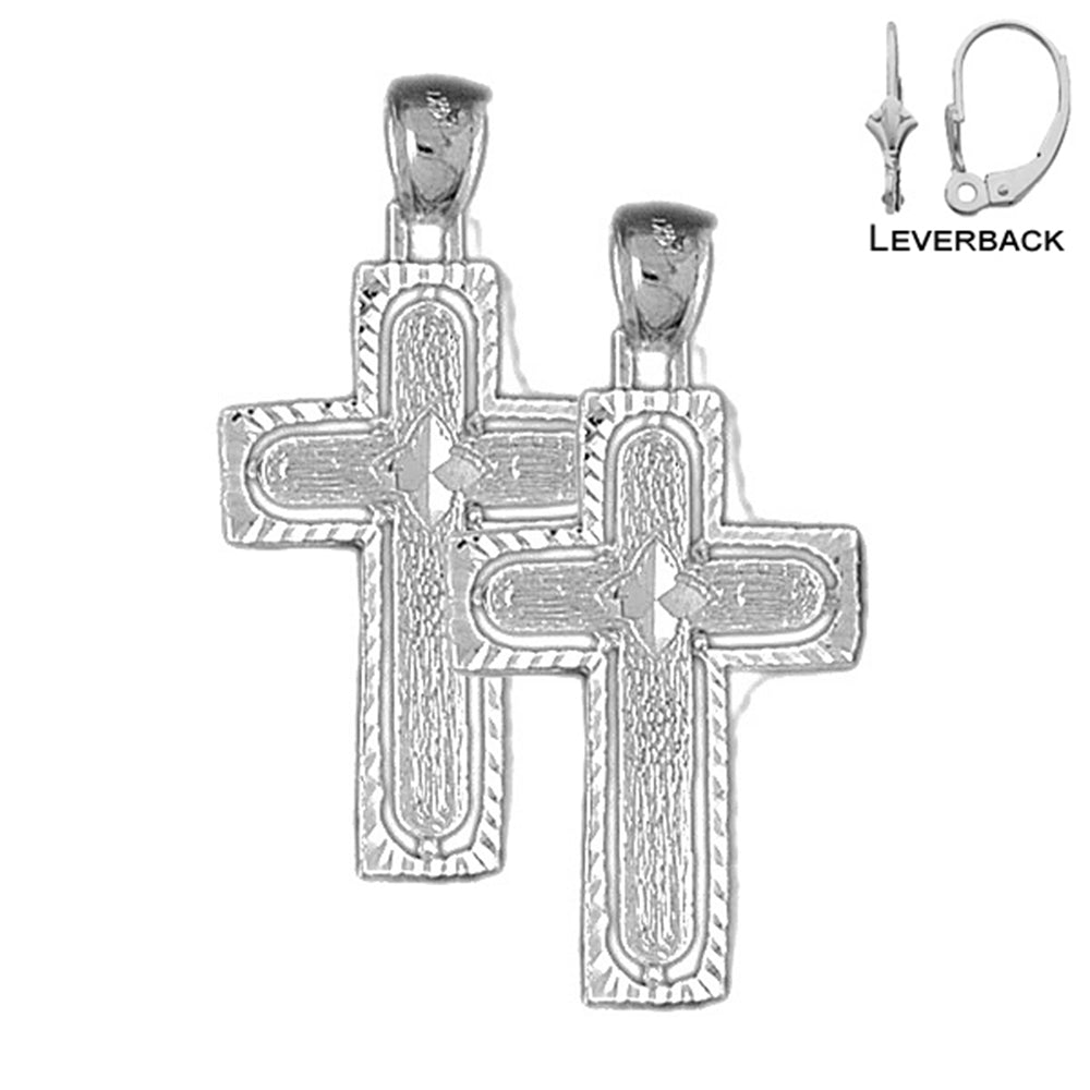 Sterling Silver 38mm Coticed Cross Earrings (White or Yellow Gold Plated)