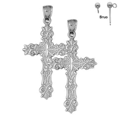 Sterling Silver 46mm Fleur de Lis Cross Earrings (White or Yellow Gold Plated)