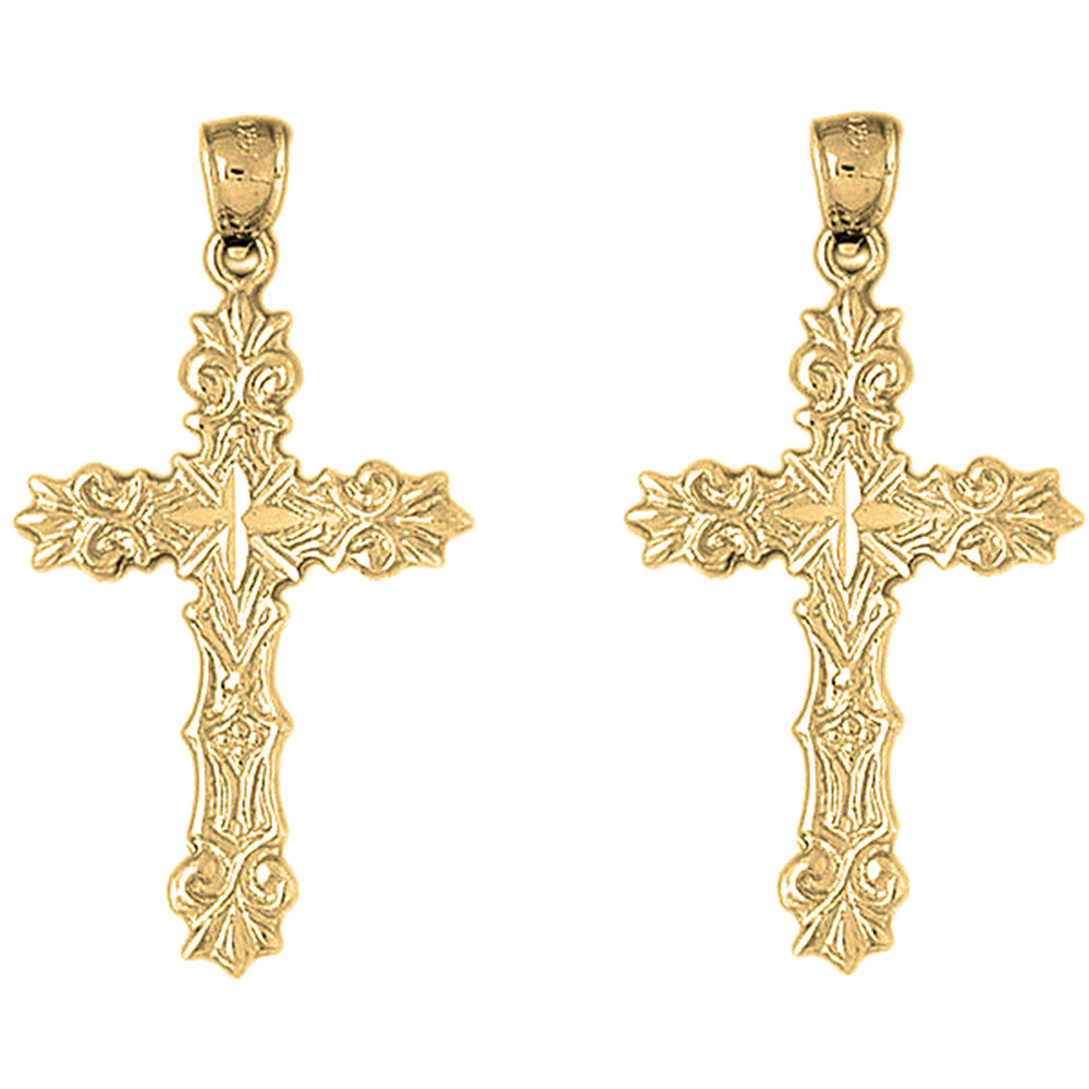 Yellow Gold-plated Silver 46mm Fleur de Lis Cross Earrings