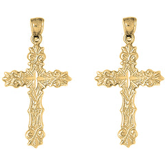 Yellow Gold-plated Silver 46mm Fleur de Lis Cross Earrings