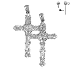 Sterling Silver 46mm INRI Cross Earrings (White or Yellow Gold Plated)