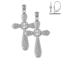 Pendientes de cruz floral de plata de ley de 42 mm (chapados en oro blanco o amarillo)