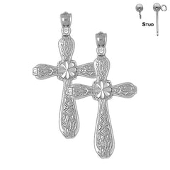 Pendientes de cruz floral de plata de ley de 42 mm (chapados en oro blanco o amarillo)