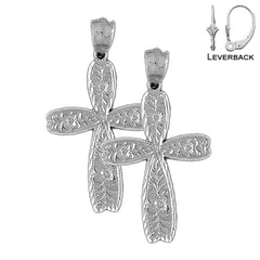 Pendientes de cruz floral de plata de ley de 42 mm (chapados en oro blanco o amarillo)