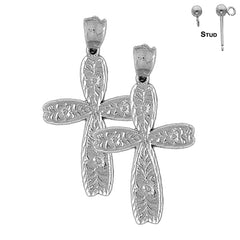 Pendientes de cruz floral de plata de ley de 42 mm (chapados en oro blanco o amarillo)