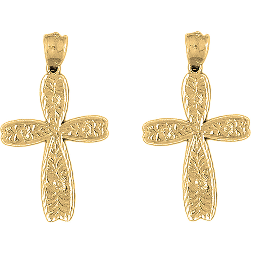 Yellow Gold-plated Silver 42mm Floral Cross Earrings