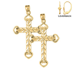 Sterling Silver 44mm Heart Cross Earrings (White or Yellow Gold Plated)