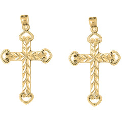 Yellow Gold-plated Silver 44mm Heart Cross Earrings