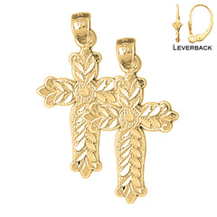 Sterling Silver 33mm Budded Cross Earrings (White or Yellow Gold Plated)