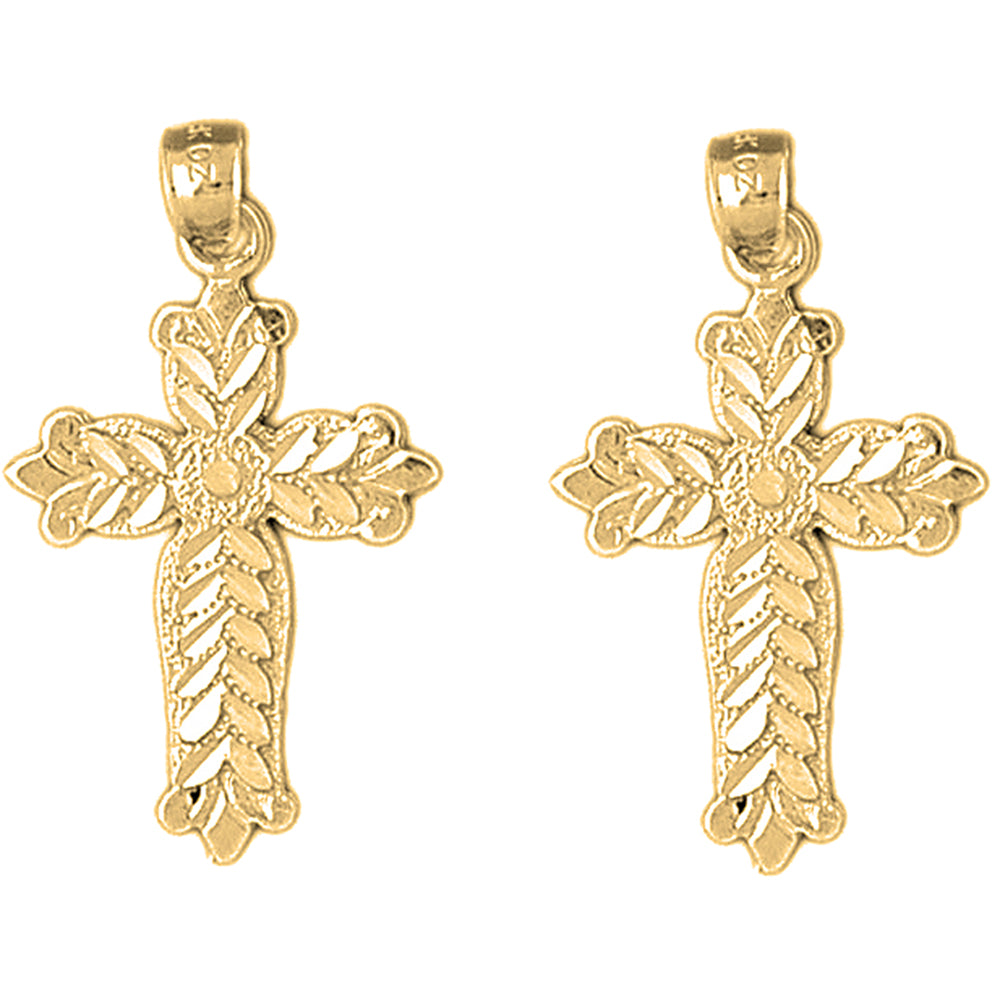 Yellow Gold-plated Silver 33mm Budded Cross Earrings