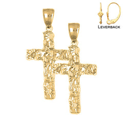 Sterling Silver 41mm Nugget Cross Earrings (White or Yellow Gold Plated)