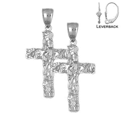 Sterling Silver 41mm Nugget Cross Earrings (White or Yellow Gold Plated)
