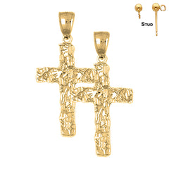 Sterling Silver 41mm Nugget Cross Earrings (White or Yellow Gold Plated)