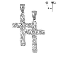 Sterling Silver 41mm Nugget Cross Earrings (White or Yellow Gold Plated)