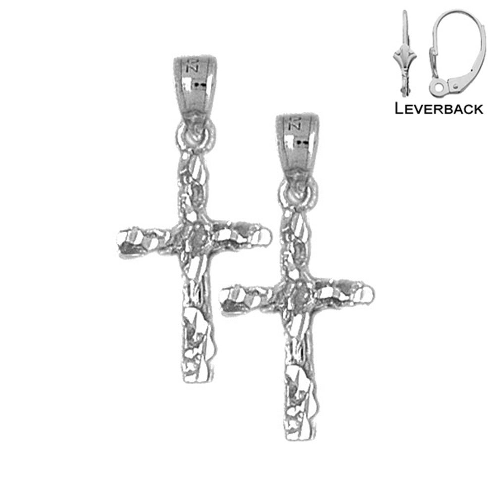 Sterling Silver 28mm Nugget Cross Earrings (White or Yellow Gold Plated)