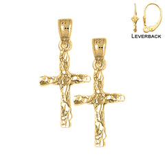 Sterling Silver 28mm Nugget Cross Earrings (White or Yellow Gold Plated)