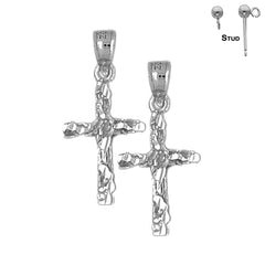 Sterling Silver 28mm Nugget Cross Earrings (White or Yellow Gold Plated)