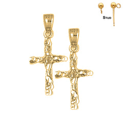 Sterling Silver 28mm Nugget Cross Earrings (White or Yellow Gold Plated)