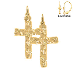 Sterling Silver 33mm Nugget Cross Earrings (White or Yellow Gold Plated)