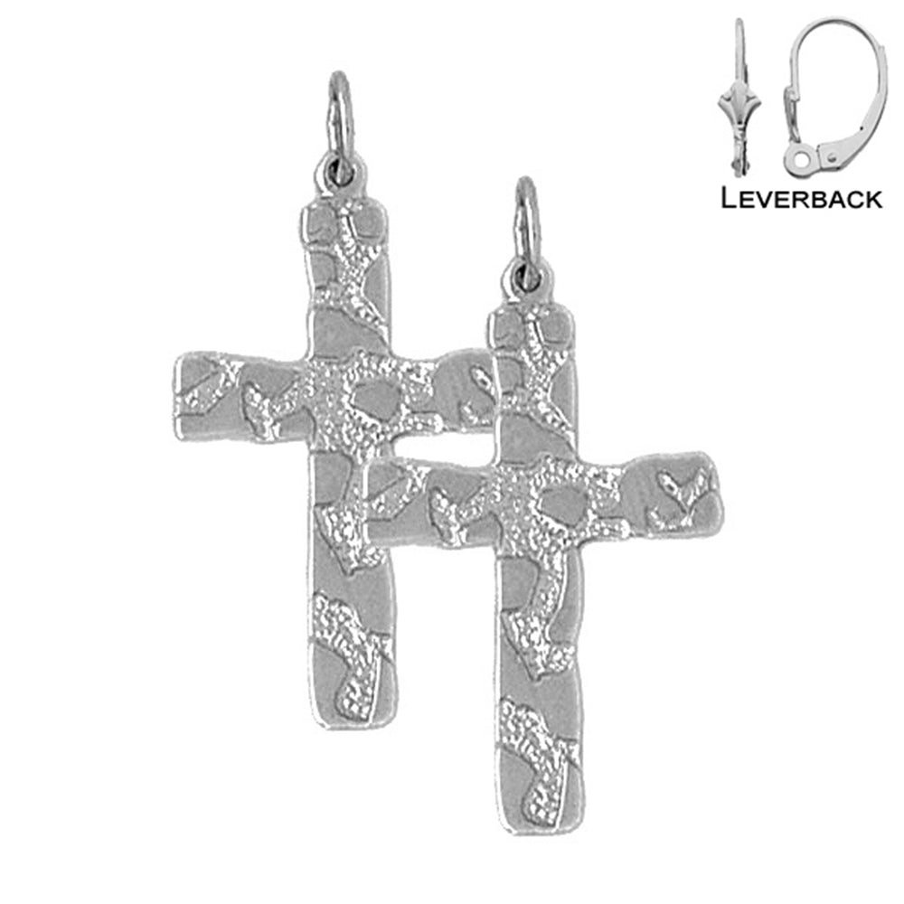 Sterling Silver 33mm Nugget Cross Earrings (White or Yellow Gold Plated)