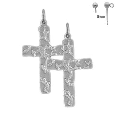 Sterling Silver 33mm Nugget Cross Earrings (White or Yellow Gold Plated)