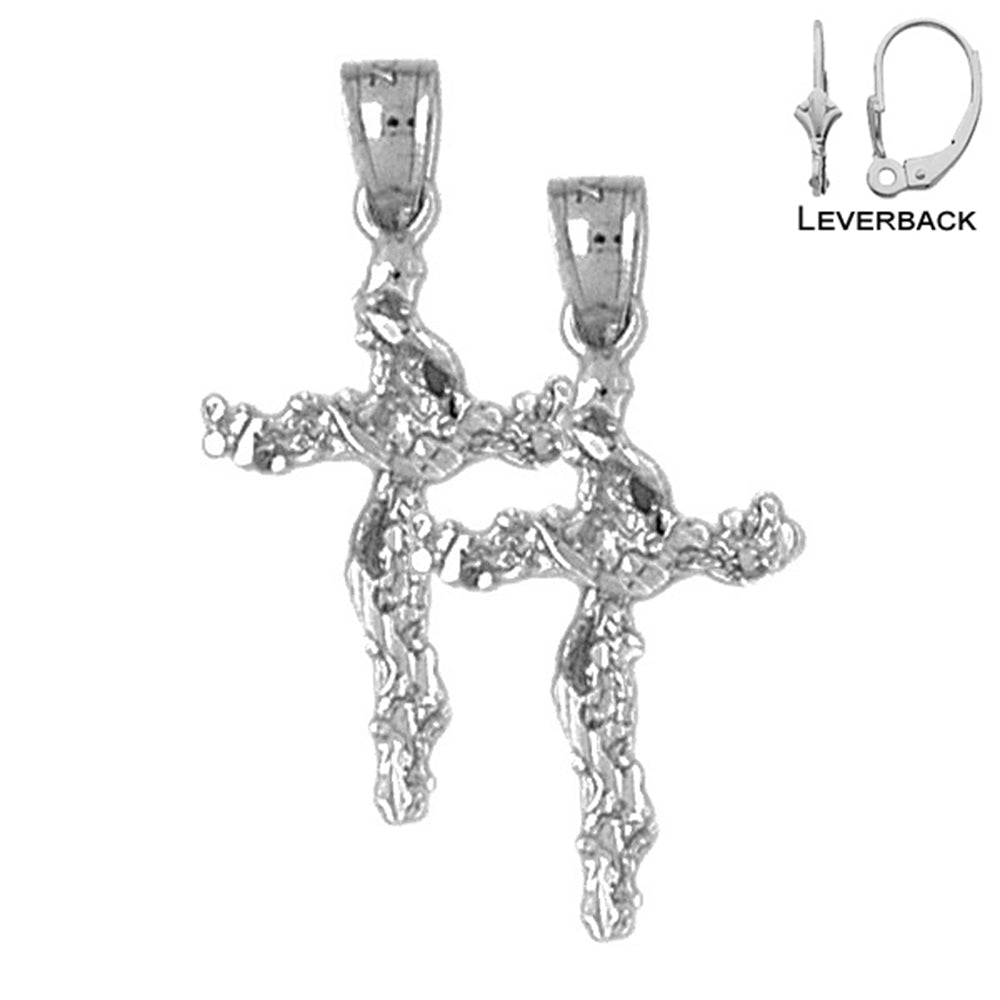 Sterling Silver 29mm Vine Cross Earrings (White or Yellow Gold Plated)