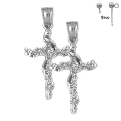 Sterling Silver 29mm Vine Cross Earrings (White or Yellow Gold Plated)