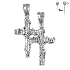 Sterling Silver 29mm Roped Cross Earrings (White or Yellow Gold Plated)