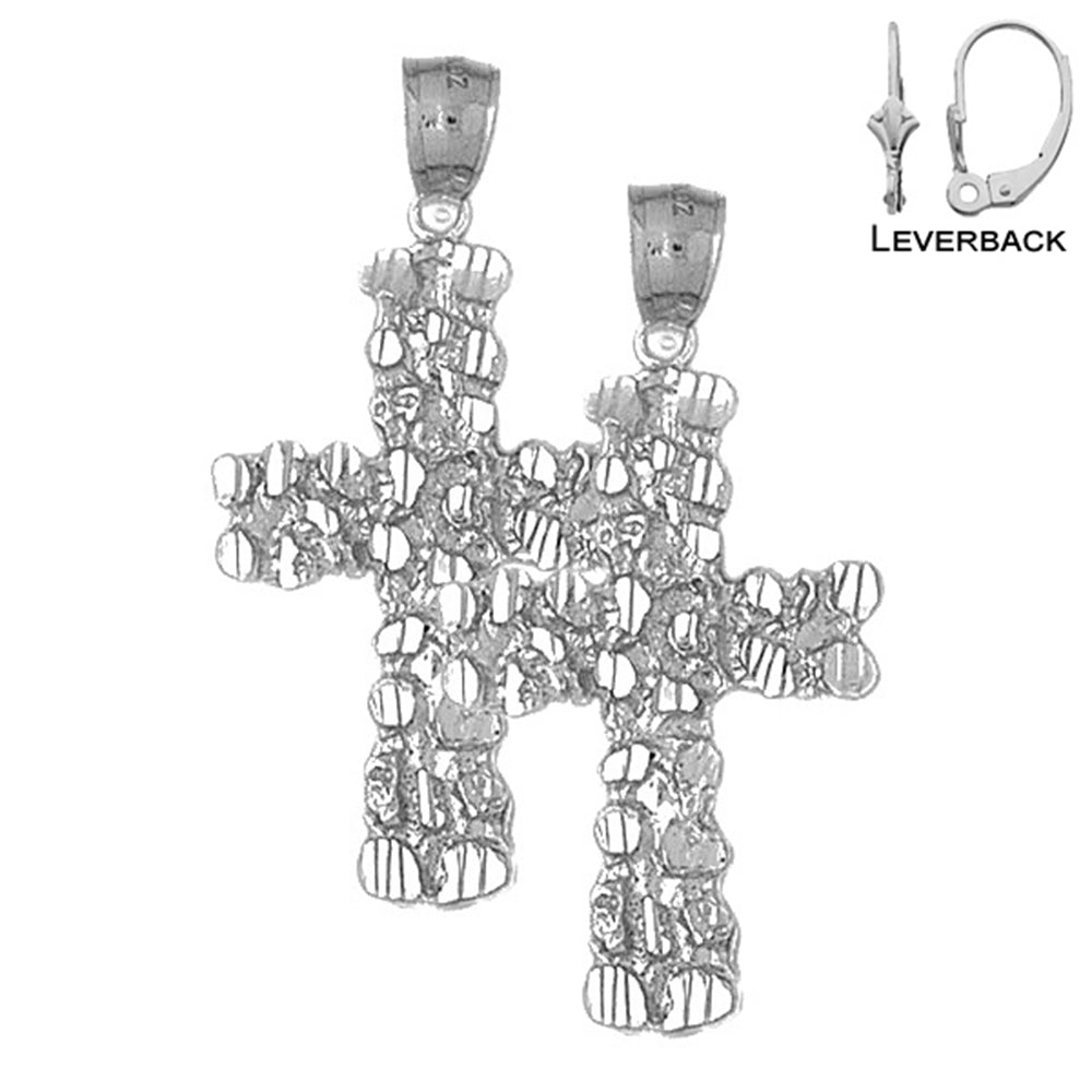 Pendientes de cruz de pepita de plata de ley de 44 mm (chapados en oro blanco o amarillo)