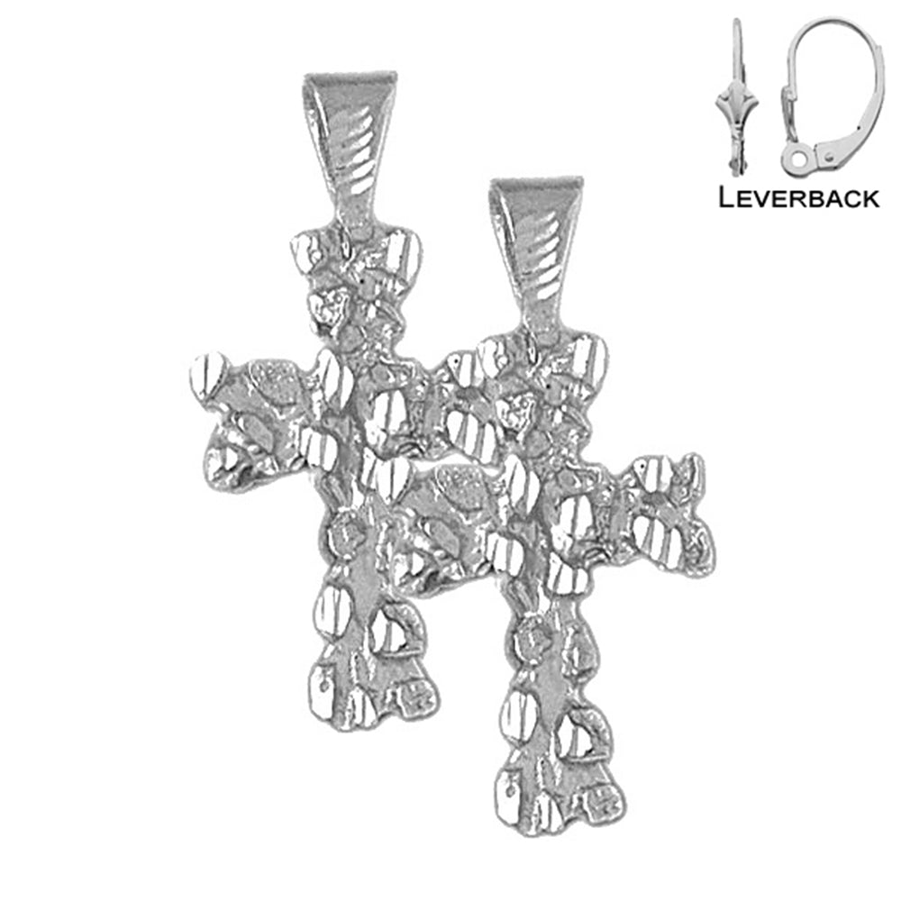 Sterling Silver 36mm Nugget Cross Earrings (White or Yellow Gold Plated)